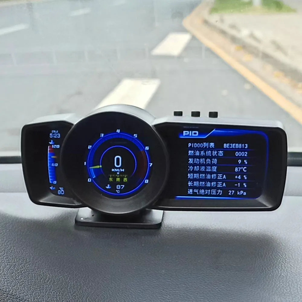 OBDII vehicle monitor driving computer with screen showing diagnostics and GPS map, includes cable and tools.
