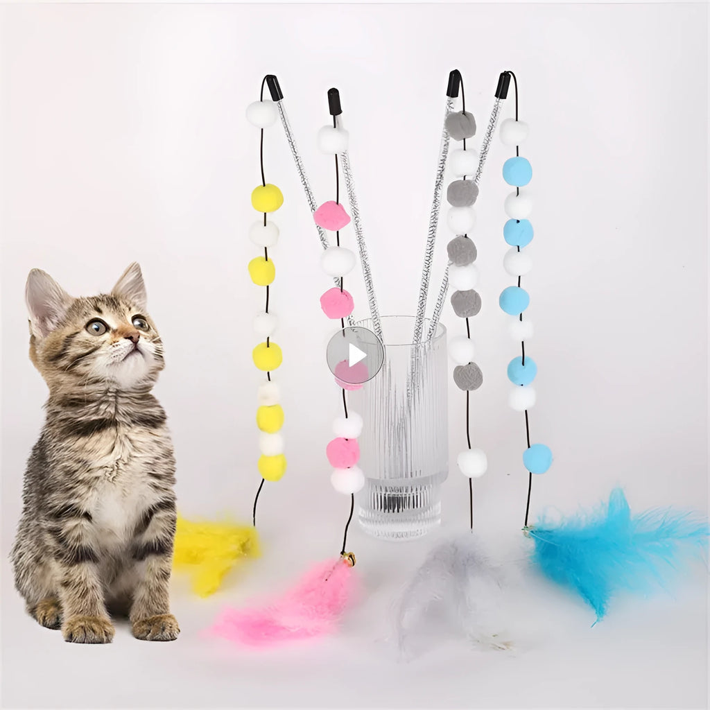 A 31cm long cat teaser toy stick with a colourful pompon, feathers, and a bell.
