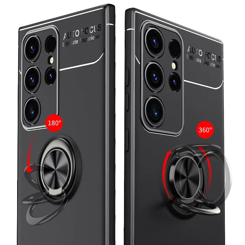 Metal ring support magnetic phone case for Samsung in Noble Black with TPU metal anti-fall bracket back cover.