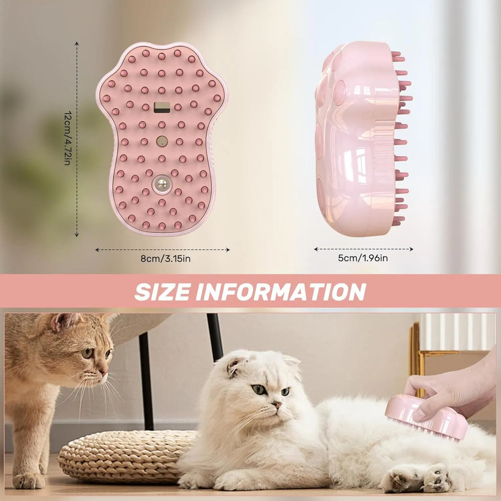 Blue self-cleaning cat steam brush with silicone bristles and spray nozzle