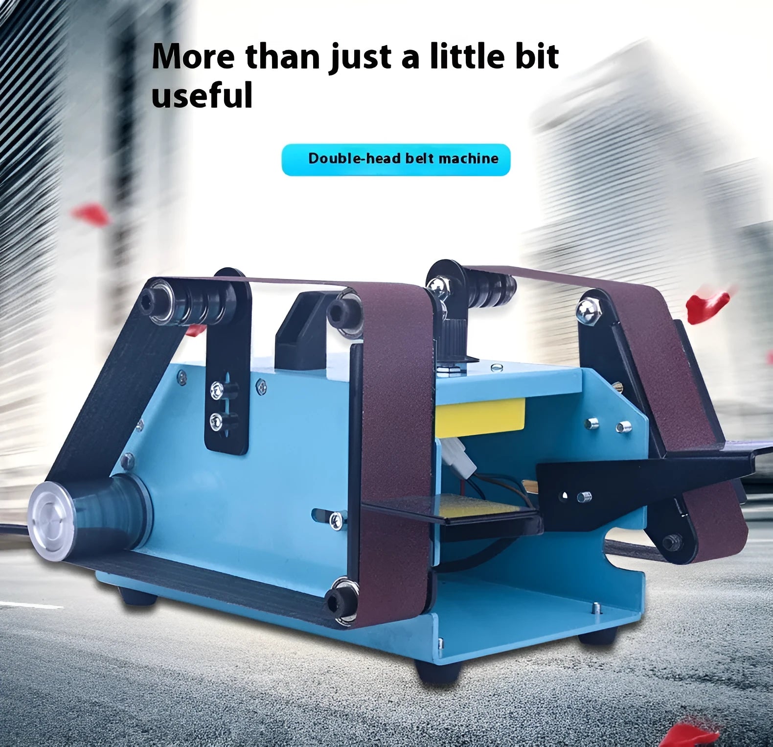 Blue desktop dual-axis belt sander for sharpening knives and tools with variable speed control.