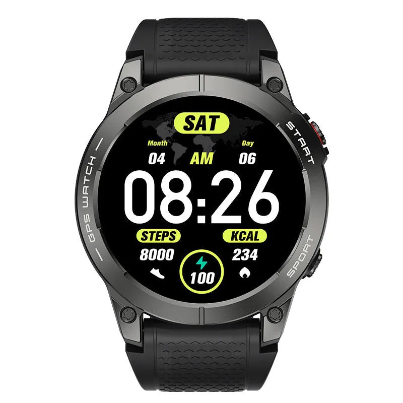 S53 outdoor GPS sports smart watch with black zinc alloy frame and silicone wristband showing 1.43-inch IPS display