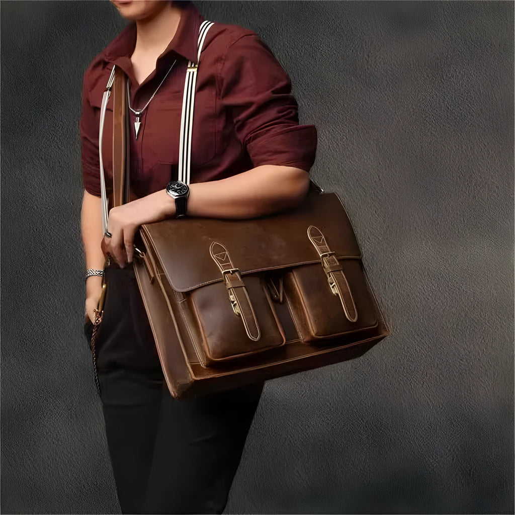 Cowhide leather crossbody computer bag with anti-theft features in dark brown colour
