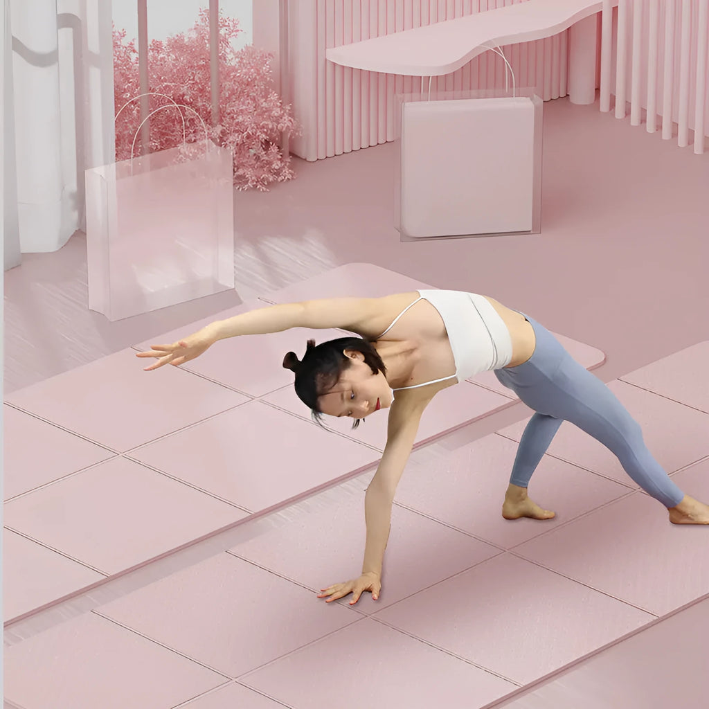 Foldable purple TPE gymnastic mat, shown both open and folded, on a wooden floor.