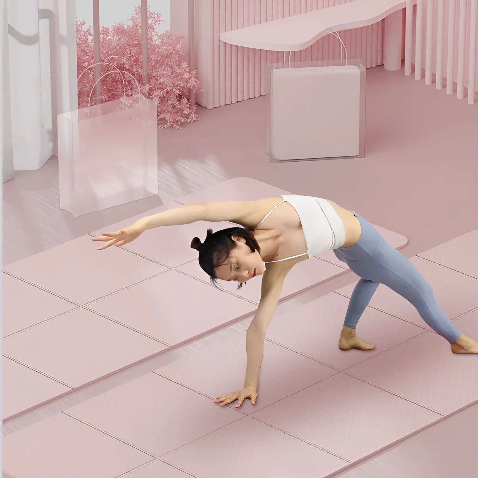 Foldable purple TPE gymnastic mat, shown both open and folded, on a wooden floor.