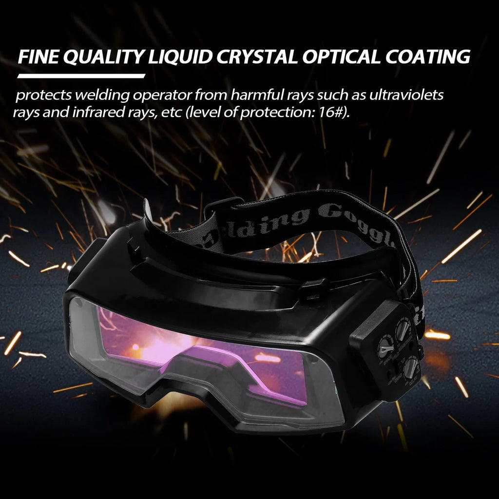 Black automatic darkening welding mask with a large rectangular lens for arc welding protection.