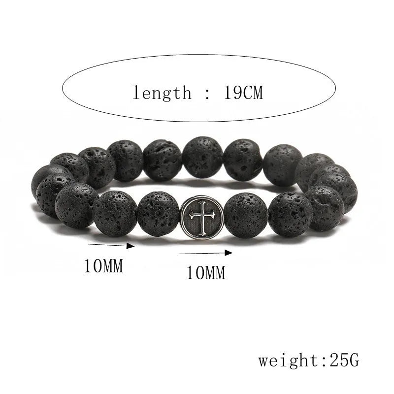 Men's volcanic rock agate bracelet with stainless steel finish showing 10mm diameter beads in volcano colour