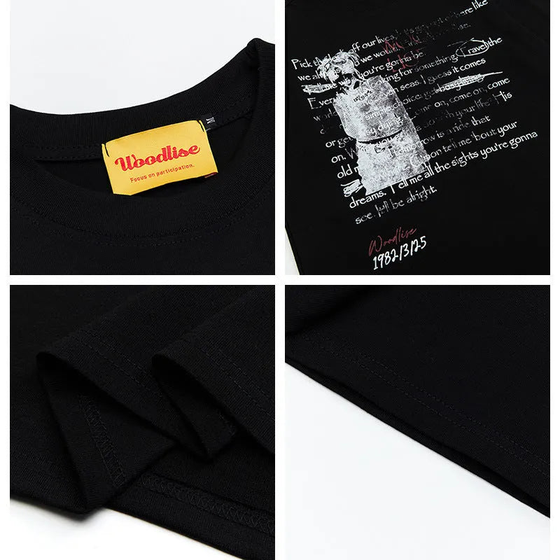Men's black and white pure cotton loose T-shirt with letter print and raglan sleeves