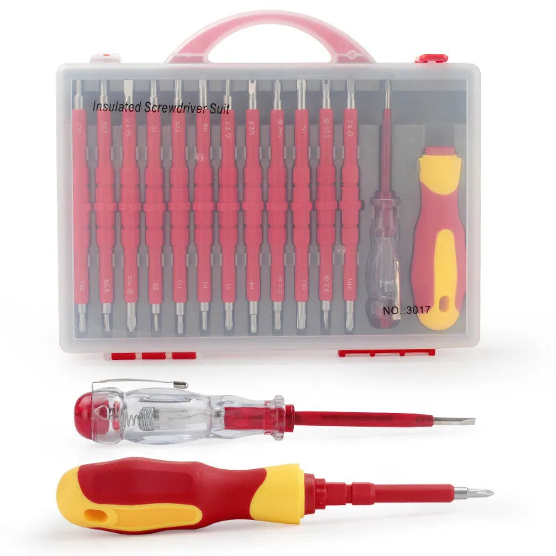 26-in-1 electrician screwdriver set with Cr-V steel bits, plastic handle, red colour