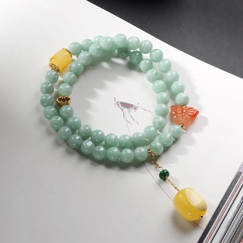 Double-layer jade and beeswax retro bracelet with geometric bead arrangement