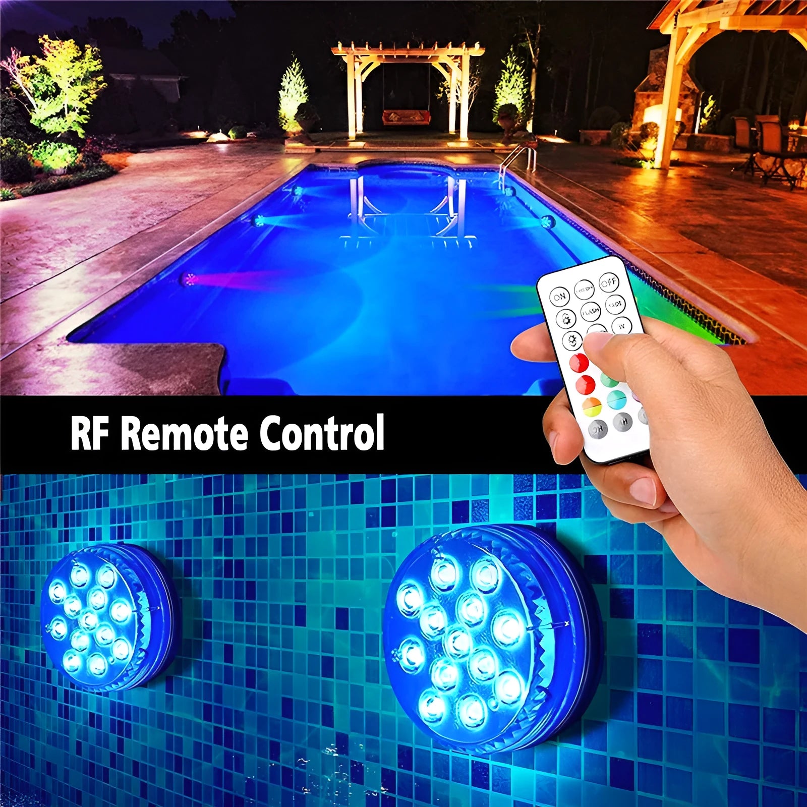Remote control colour-changing underwater LED light with IP68 waterproof rating in a compact 7cm by 3cm ABS case.