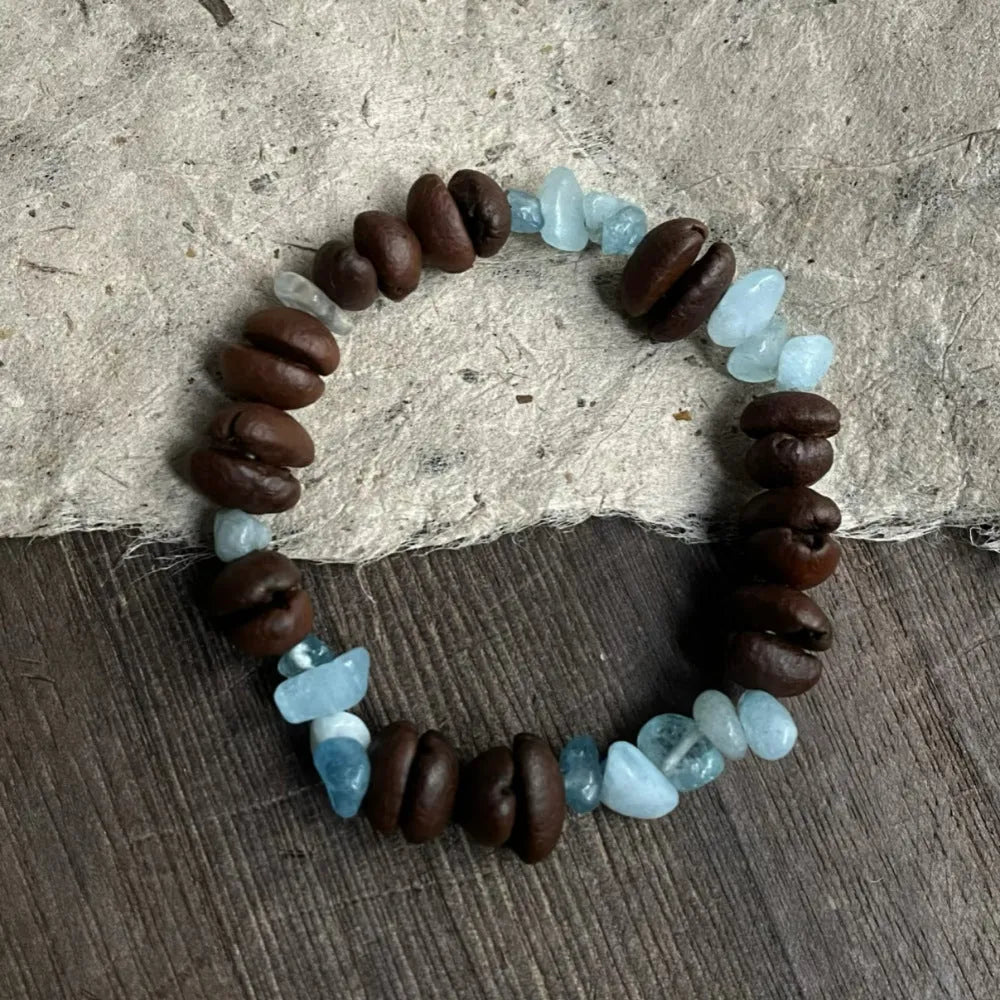 Handmade coffee bean bracelet for women, unisex geometry shape, 16mm size, real coffee beans