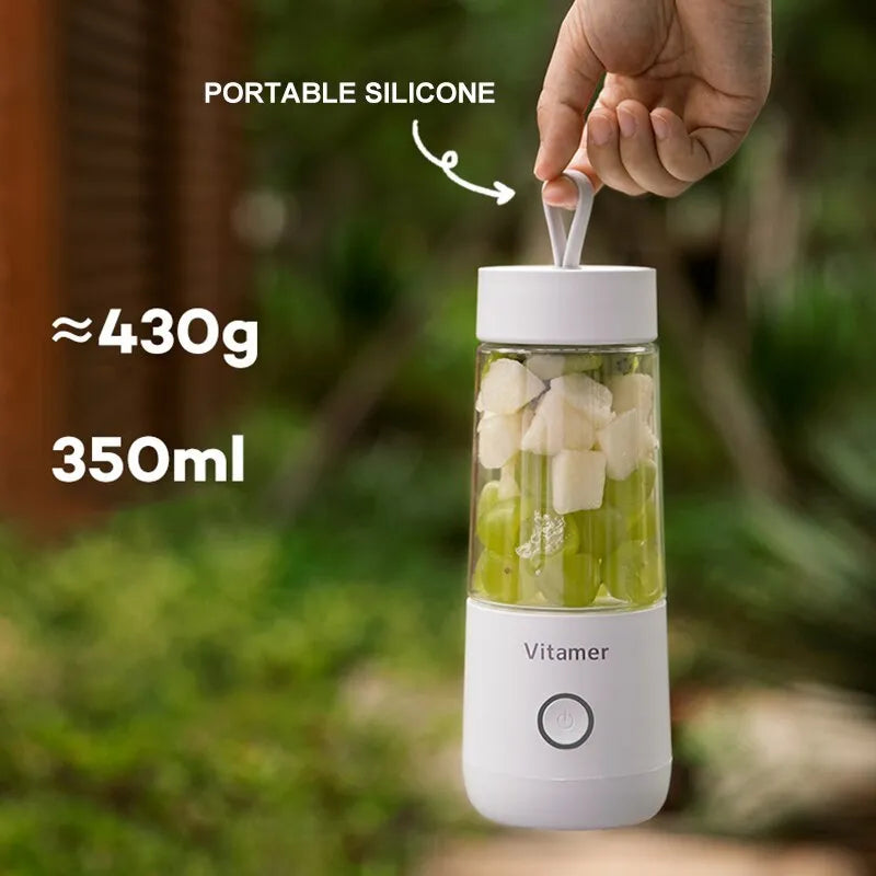 White USB rechargeable portable blender bottle with silicone carry ring, 350ml capacity.