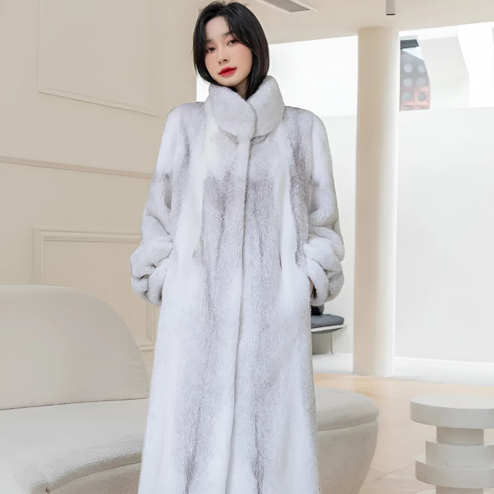 White women's faux fur coat with a stand-up collar, shown at 80cm length.