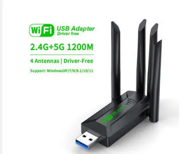 Black USB network transmitter dongle with four extended antennas for computer Wi-Fi connectivity.