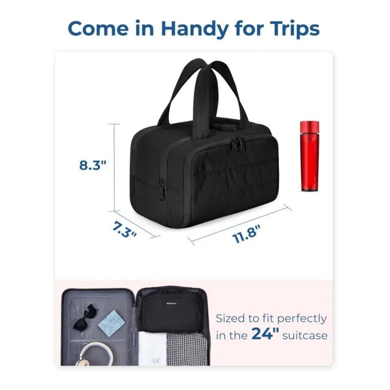 Large open travel toiletry bag in lightweight polyester, shown in a selection of colours.