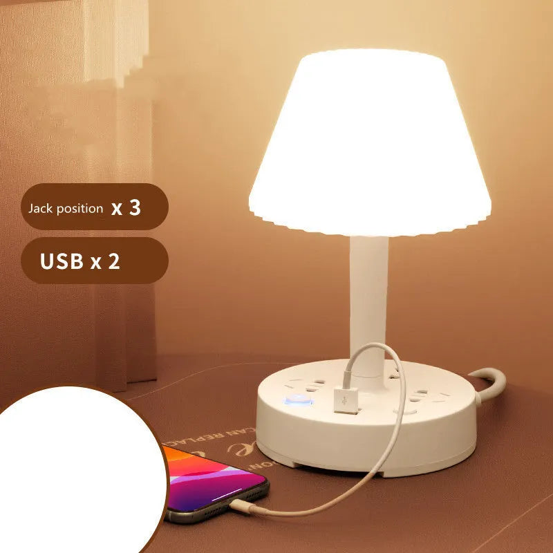 Multi-function conversion socket desk lamp with USB ports and power strip, white or pink, 10A 220V, cable lengths 0.8m to 4.8m.