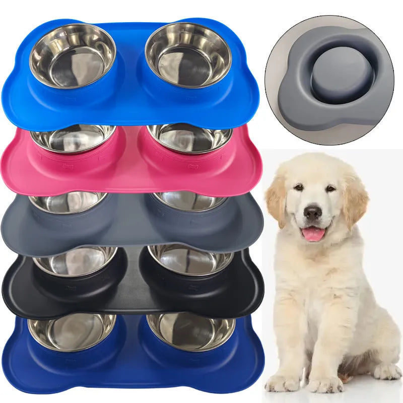 Silicone dog bowl with stainless steel insert in double bowl design, shown in blue colour