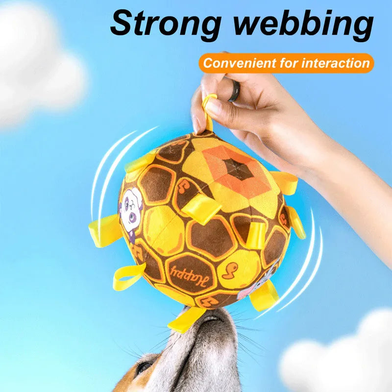 Bite-resistant plush ball dog toy with handle and internal bells for aggressive chewers