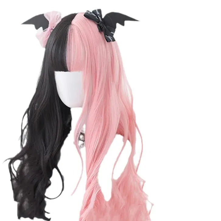 Black pink long curly Harajuku Lolita cosplay wig with bangs on display