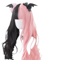 Black pink long curly Harajuku Lolita cosplay wig with bangs on display