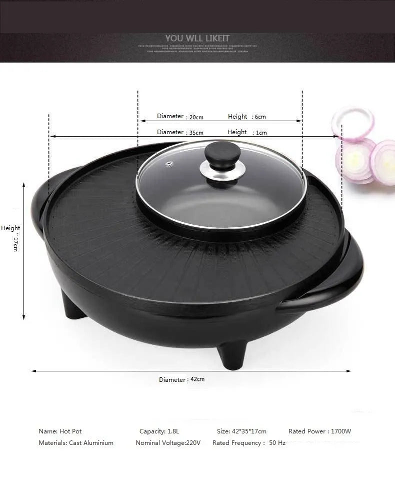 Black multifunctional electric pot with grill for hot pot and teppanyaki cooking