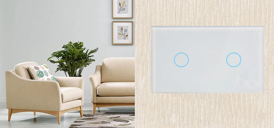 White smart touch light switch with tempered glass panel and silver frame on a wall.