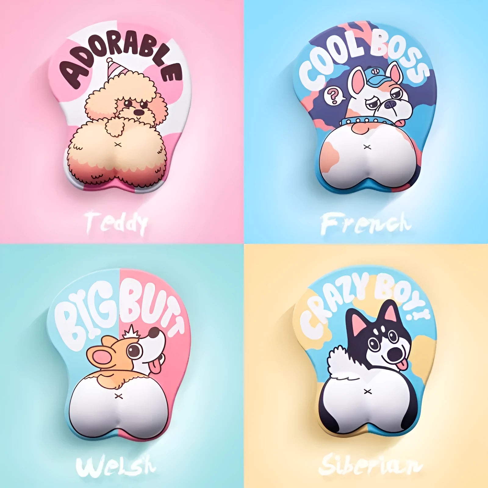 Corgi design 3D mouse pad with raised wrist support cushion in blue colour on desktop