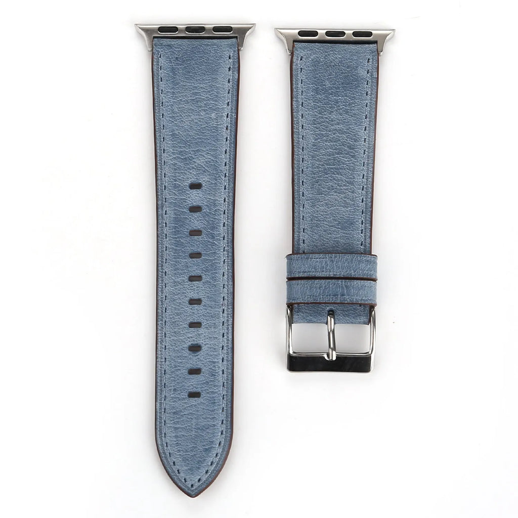 Blue leather watch strap with a silver folding buckle on a 42mm width setting.