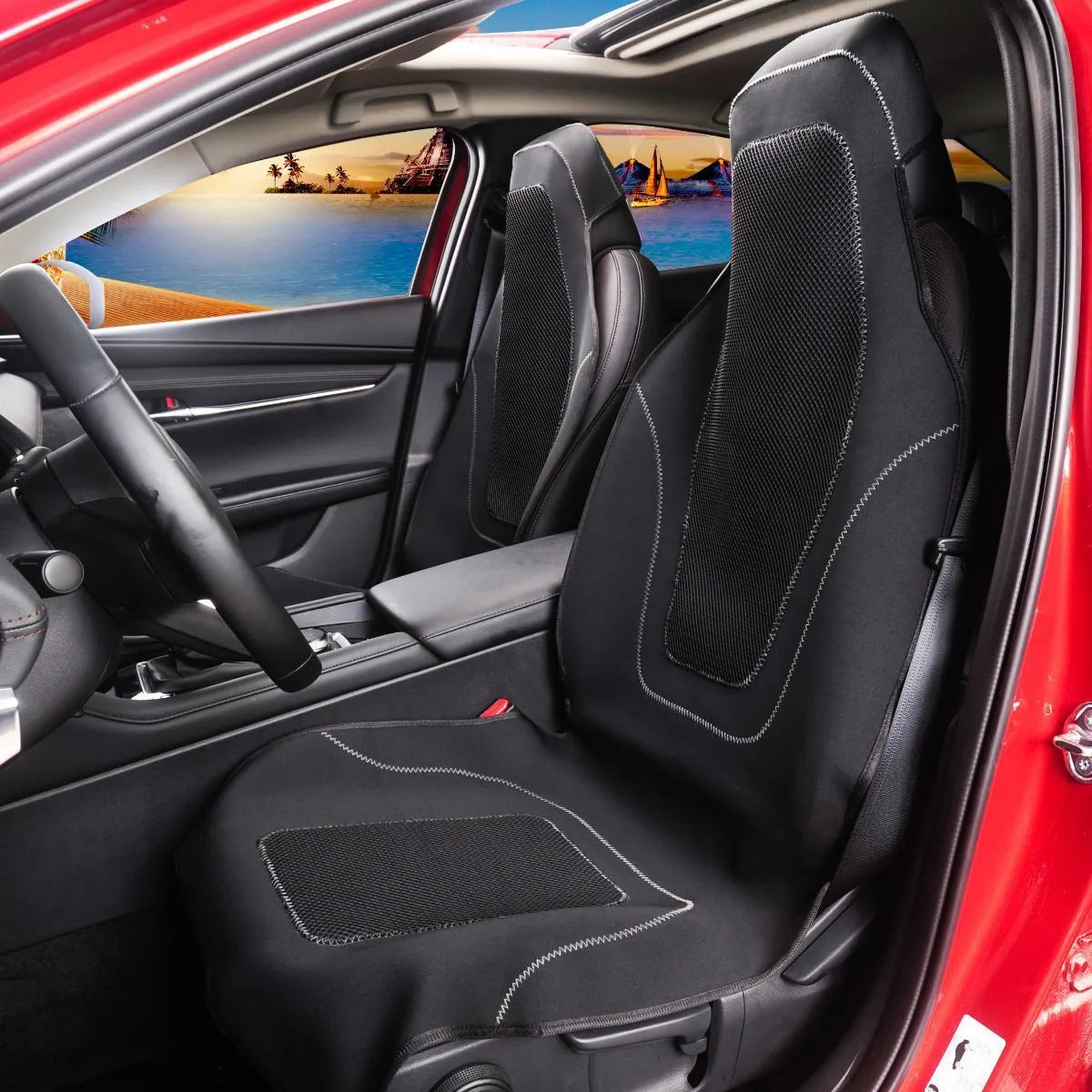Waterproof car seat cushion in black, grey, or red with non-slip lining, universal fit for cars, trucks, and off-road vehicles.