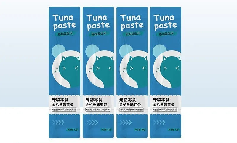 Pack of 10 moist cat snack strips for kittens in four different flavours.