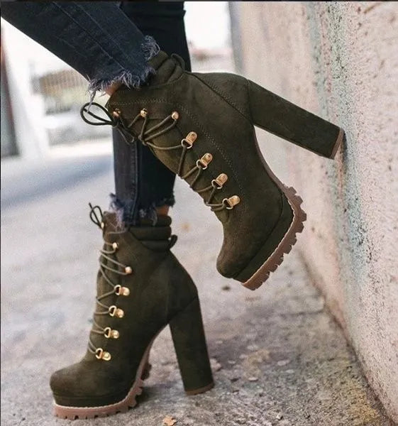 Women's suede high heel boots in army green colour with thick platform and round toe design