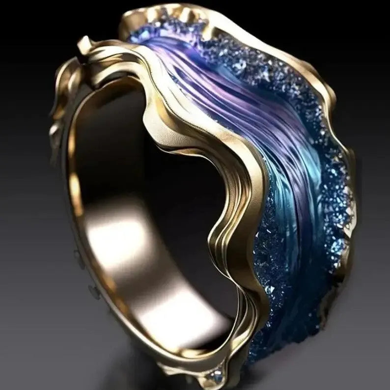 Women's geometric alloy ring with wave oil drop diamond inlay