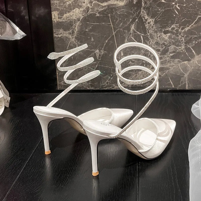 Women pointed stiletto high heels with ankle strap in black velvet 7cm heel