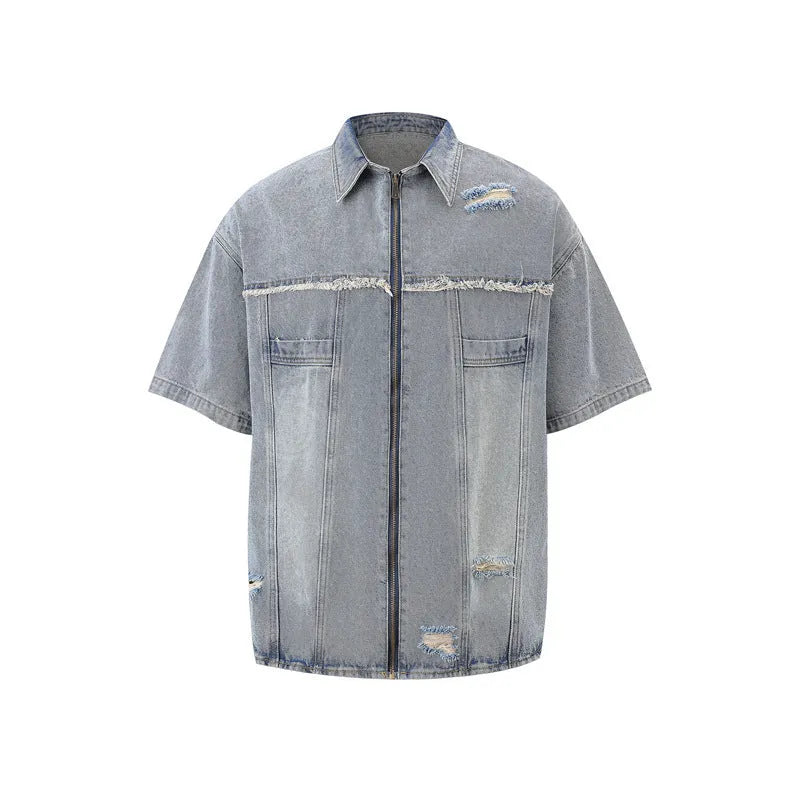 Denim loose-fit overall suit co-ord set with short sleeve top and trousers in street style.