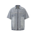 Denim loose-fit overall suit co-ord set with short sleeve top and trousers in street style.