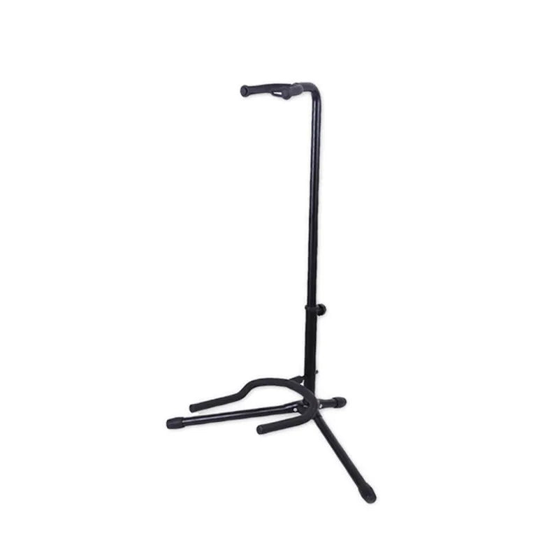 Black metal guitar floor stand holding an acoustic guitar.