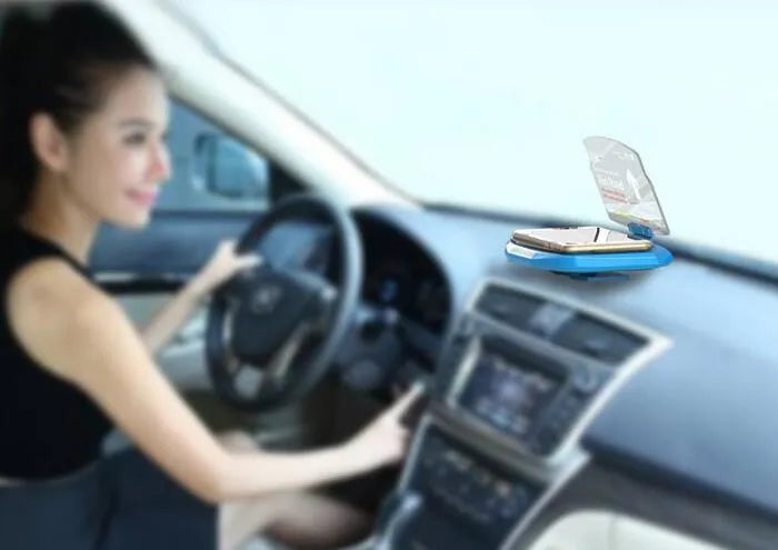Black car HUD navigation bracket with reflective film and 3M adhesive feet on a dashboard