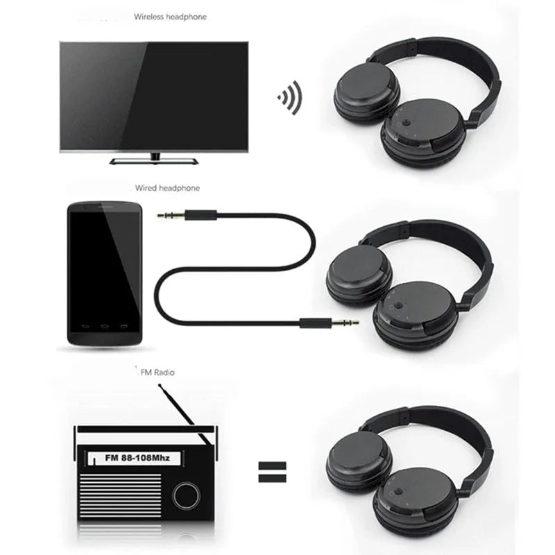 Black stereo wireless headphones with USB FM transmitter showing 30-metre range capability