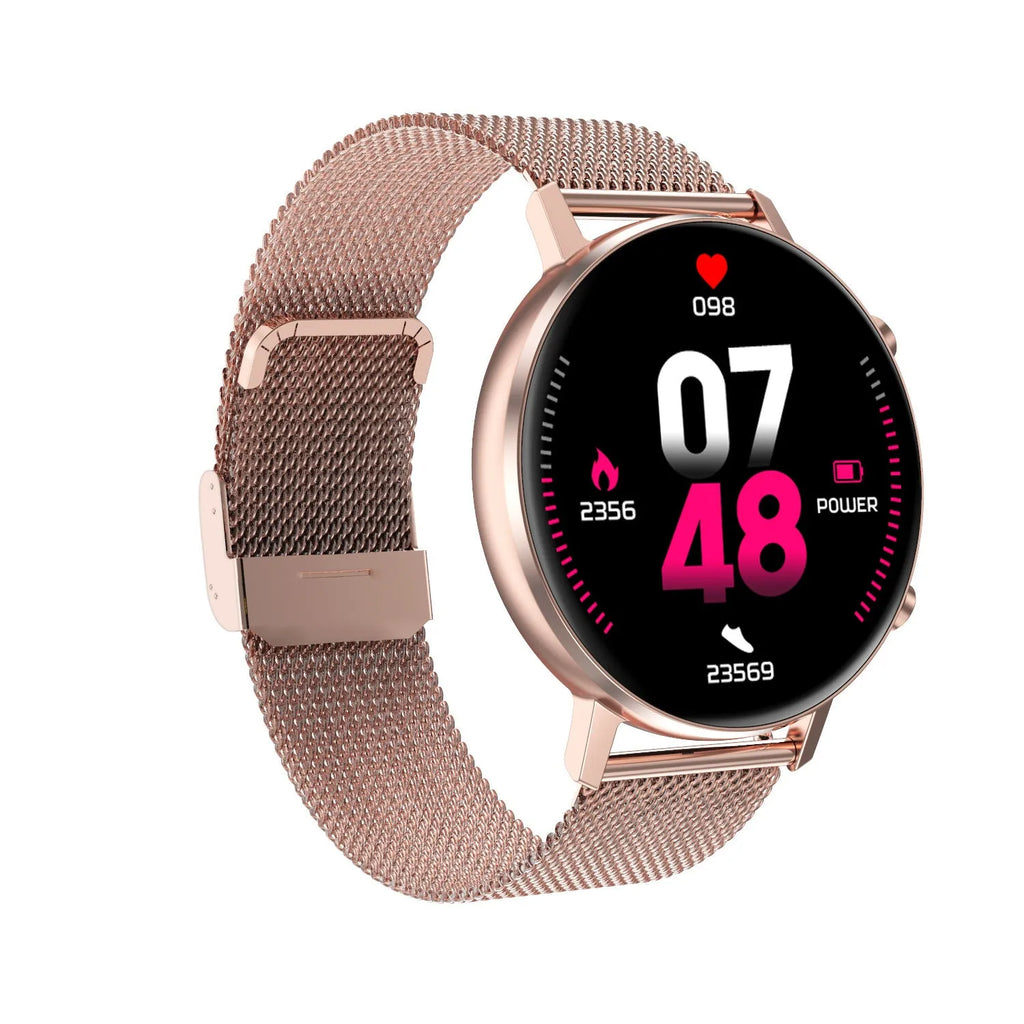 DT96 smart bracelet fitness tracker with steel strap and colour display showing fitness metrics