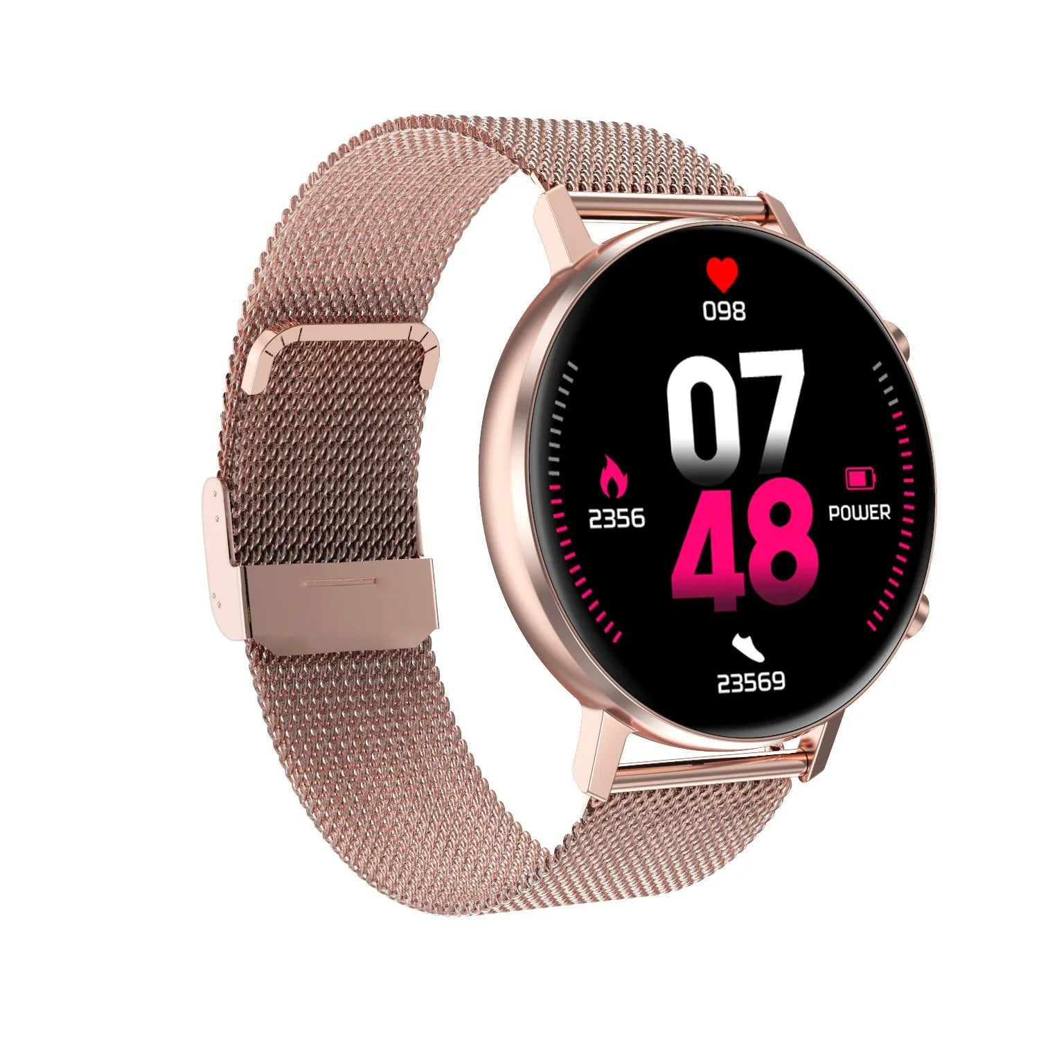 DT96 smart bracelet fitness tracker with steel strap and colour display showing fitness metrics