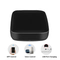 Black universal infrared remote control with voice command capability and environmental sensors