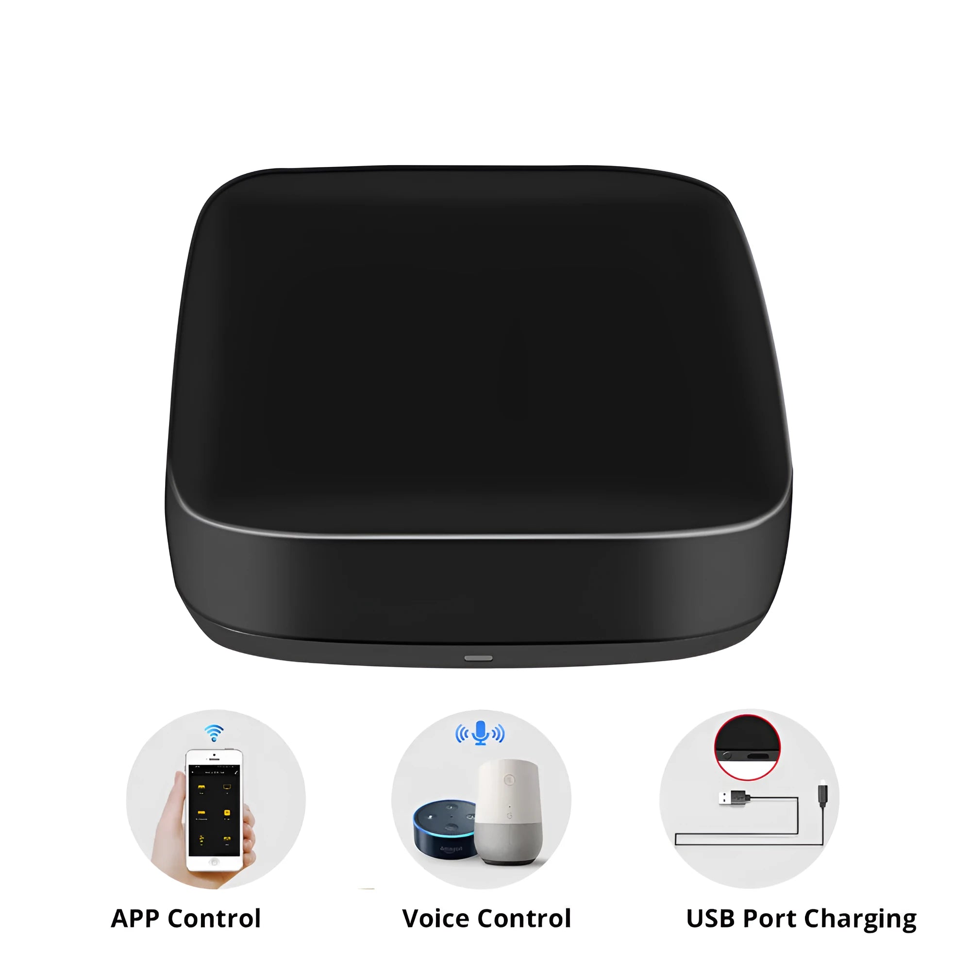 Black universal infrared remote control with voice command capability and environmental sensors