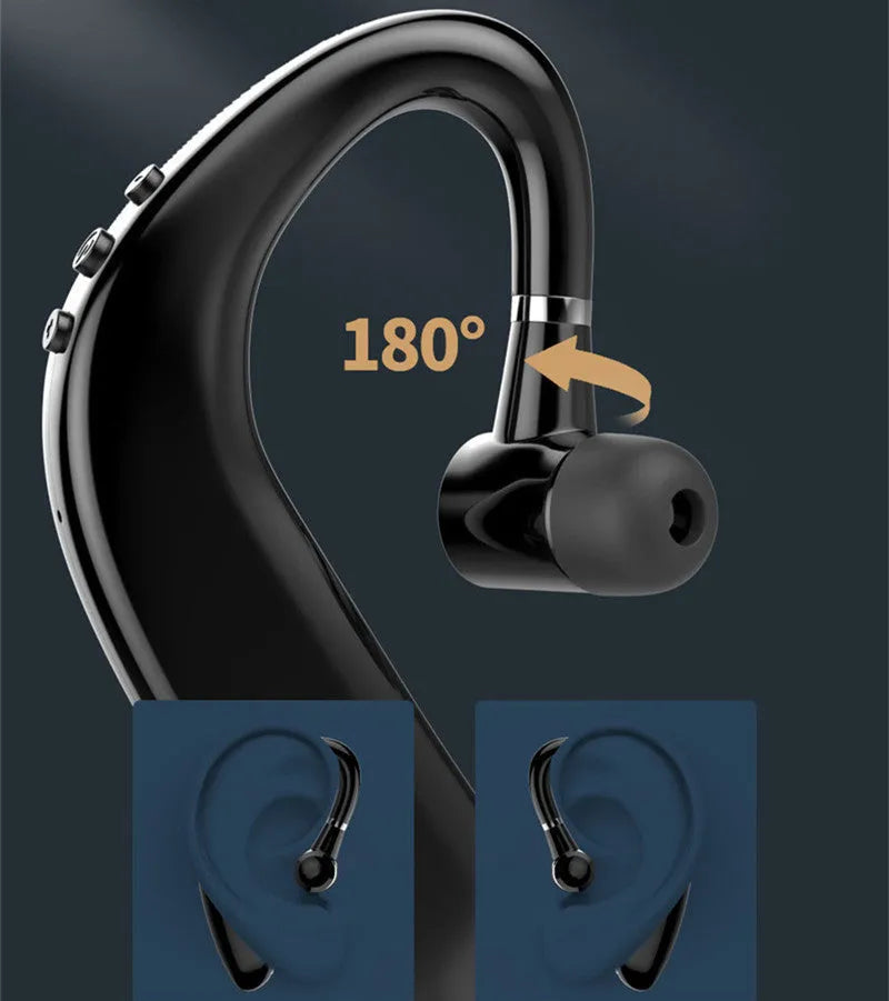 Wireless Bluetooth single ear earphones with 36-hour battery life showing black and blue colour options