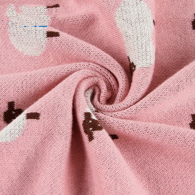 Grey and pink 100x80 cm cotton baby sheepskin blanket laid flat, suitable as a pram or cot cover.