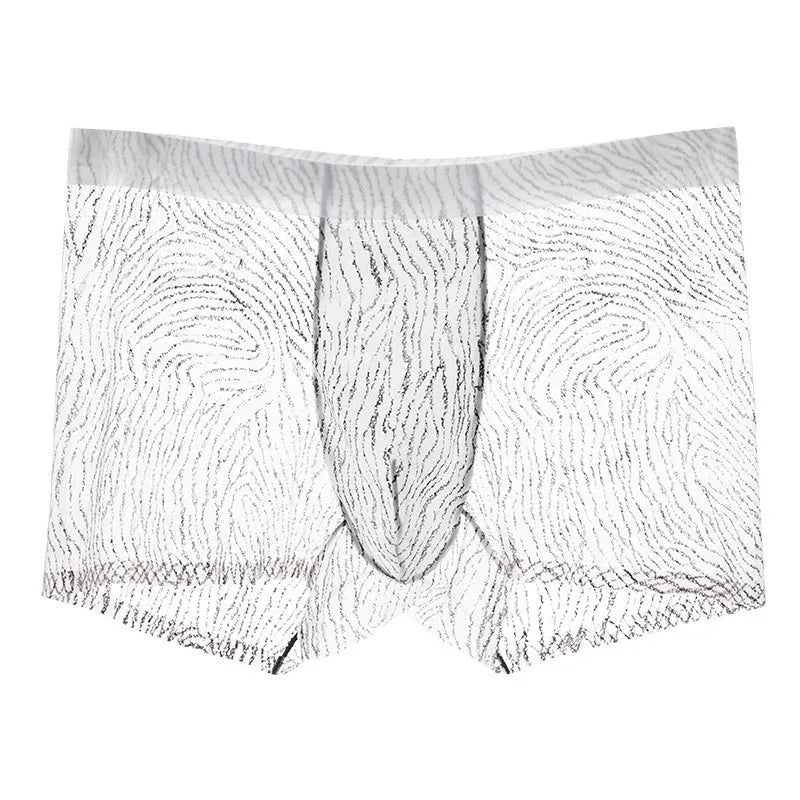 Men's black leopard print ice silk boxer shorts with mid waist, shown alongside zebra and geometric pattern options.