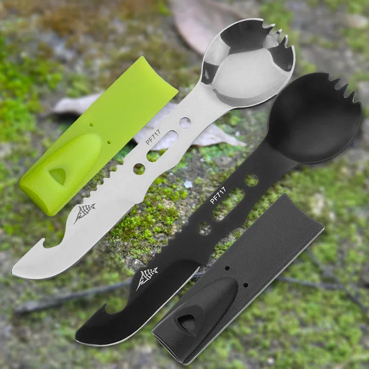 Outdoor spoon fork knife set with whistle, 15.7cm stainless steel camping multi-tool in black and green