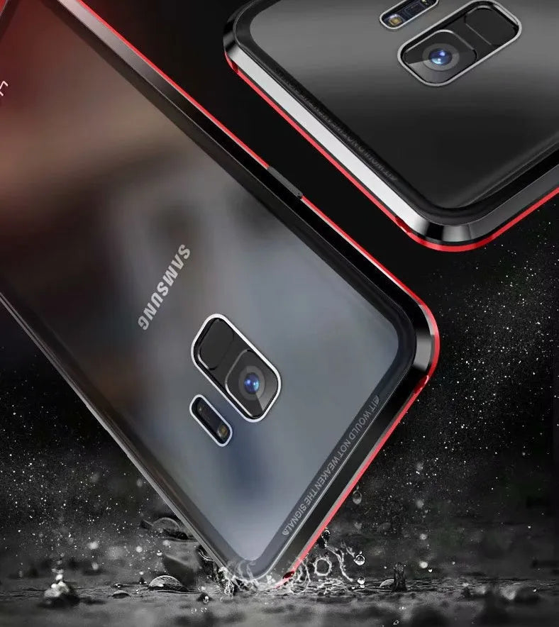 Black anti-peeping magnetic clamshell phone case for Samsung smartphones with privacy screen, shown open.