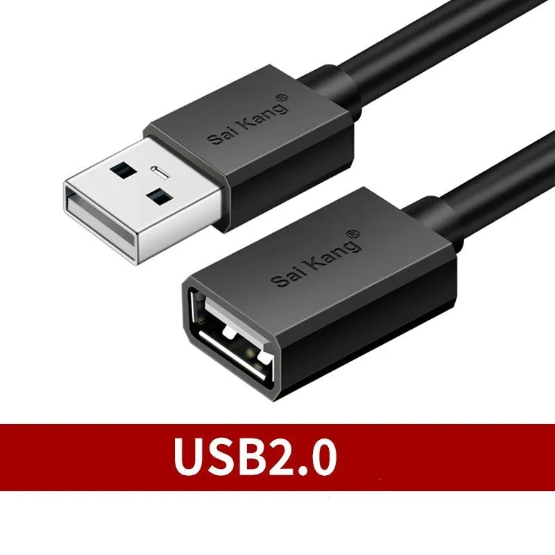 Black USB extension cable with male and female connectors, shown with length options from 1 to 5 metres.