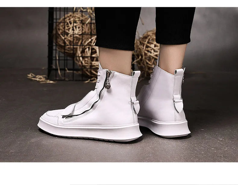 Men's black and white microfiber leather ankle boots in high-top sneaker style, shown with size chart.